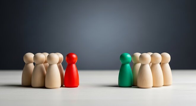 Two groups of wooden figures facing each other on a dark background