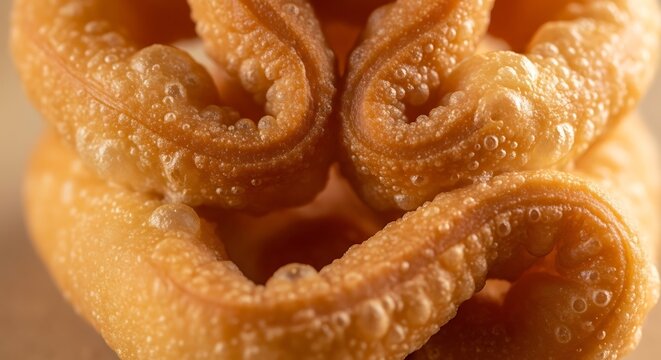 01_Close-up of Vov Sentada (fried cookie) texture focus on intricate shape.