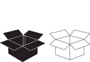 Two open cardboard boxes one solid black silhouette and one outlined drawing for shipping and delivery concepts