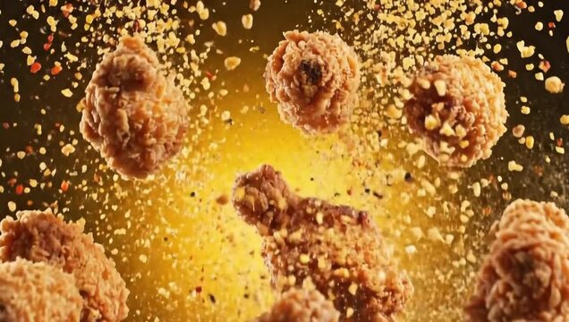 Scrumptious chicken bites scatter against a golden backdrop, seemingly exploding with flavor. 