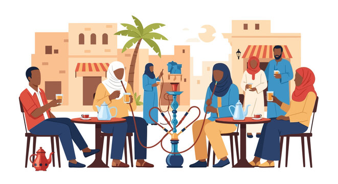 Friends and families gather at a charming outdoor cafe in a Middle Eastern city, enjoying conversations, traditional drinks, and shisha