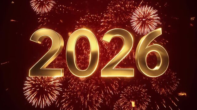 Golden 2026 numbers glowing brightly against a backdrop of exploding fireworks new year celebration