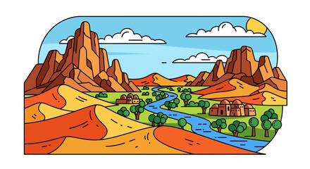 Vibrant illustration of a desert oasis featuring a winding river, lush trees, and majestic mountains under a clear sky