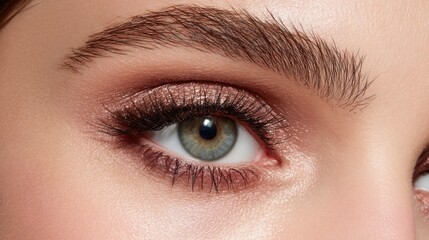 Obraz premium Close-up of Beautiful Eye with Stunning Makeup, Shimmering Eyeshadow, Defined Eyebrows, and Long Lashes with Soft Focus Background