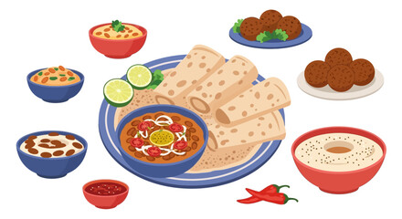 A vibrant assortment of authentic Middle Eastern and Indian dishes, showcasing traditional flatbreads, flavorful curries, and spicy elements, perfect for a culinary feast illustration