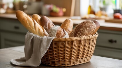 Wicker basket filled with a variety of freshly baked bread loaves on a kitchen table