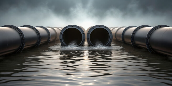 Industrial pipe water pollution drainage river wastewater environment foggy overcast steel symmetry flow into river foggy sky, moody atmosphere, highlighting wastewater impact and industrial