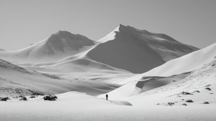 Black and White Photograph of a Solitary Hiker Walking Through a Vast Snowy Desert Landscape Under Clear Skies and Majestic Mountain Peaks