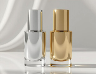 Two metallic cosmetic bottles, one in silver and one in gold, positioned next to each other on a seamless background.  Ultra-detailed, crystal clear focus, luxury aesthetic, soft light reflections