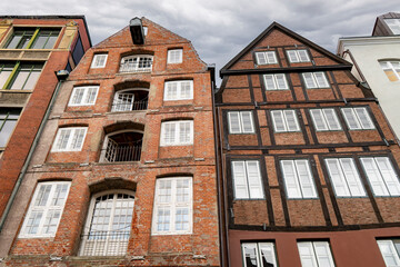 Low-angle view of historic brick warehouses of the Speicherstadt district in Hamburg