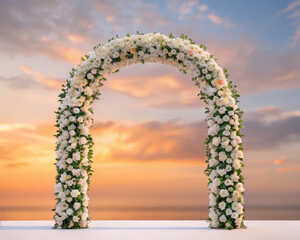 Obraz premium White flower wedding arch floral arch romantic ceremony sunset sky seaside venue elegant decor rose bloom greenery garland outdoor altar bridal backdrop