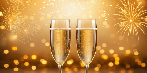 Golden champagne sparkling bubbles festive celebration elegant toast two flutes golden bokeh fireworks holiday party luxury drink New Year cheer fill frame with warm glow and joyful mood