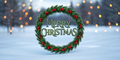 Merry Christmas wreath holiday greeting winter background festive lights pine branches red berries snow scene blurred bokeh seasonal decoration joyful message brighten serene snowy landscape with