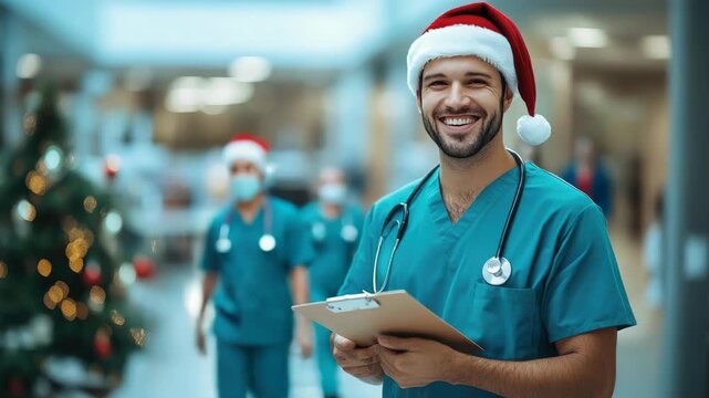 Charming male doctor in scrubs and a Santa hat smiles in a busy hospital lobby decorated for Christmas, colleagues celebrating the holiday shift behind him