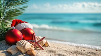 Christmas vacation concept showing red ornaments, a Santa hat, starfish, and seashells on a sandy beach with turquoise ocean waves gently lapping the shore under a sunny sky - Powered by Adobe