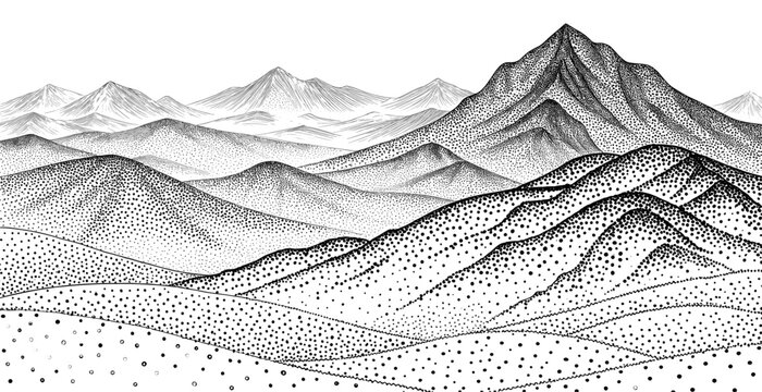 Black and White Engraved Mountain Landscape Vector with Layered Hills and Detailed Linework