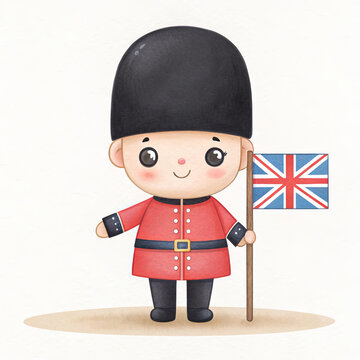 Cute illustration watercolor royal guard red uniform tall hat smiling childlike British flag patriotic cartoon character with gentle charm and soft texture evokes cheerful warmth