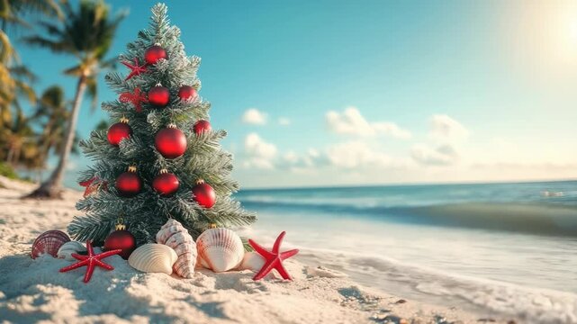 Christmas tree decorated with red baubles, seashells and starfish standing on sunlit white sand as gentle turquoise waves lap the tropical shore on a warm summer day