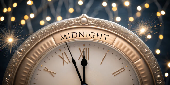 Vintage clock roman numeral midnight golden bokeh festive sparkle countdown celebration elegant detail closeup New Year cheer Vintage clock with roman numeral face marks midnight amid golden bokeh
