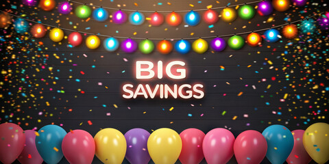 Colorful lights festive confetti neon sign big savings party balloons celebration vibrant background glowing bulbs discount message cheerful mood shimmer over dark wood panel backdrop
