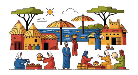 Vibrant African Village Scene Market, Culture, and Daily Life Illustration