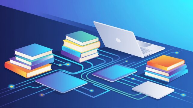 A digital illustration featuring stacks of colorful books and electronic devices connected by glowing lines, symbolizing the fusion of knowledge and technology.