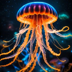 Glowing jellyfish floating in surreal forest with bioluminescent light