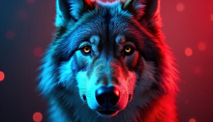 Digital illustration of a wolfs face under striking red and blue neon light. The animals intense yellow eyes glow, creating a powerful and futuristic vibe in a dark club setting. It looks wild.