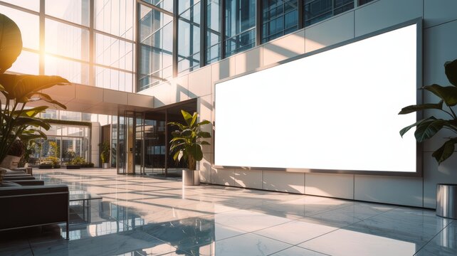 A modern lobby featuring large windows, sleek marble flooring, and a blank digital screen surrounded by lush plants, creating a bright and inviting atmosphere.