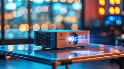 A modern projector emits a bright beam in a dimly lit room, surrounded by soft bokeh lights, creating a vibrant atmosphere for presentations or movie nights.