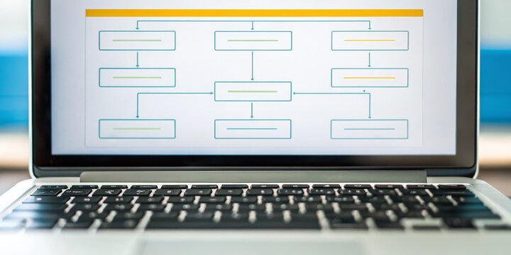 Laptop screen workflow chart business process tax audit flowchart data analysis office desk modern device blank template corporate