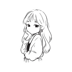 Beautiful Kawaii Girl Black and White Vector Illustration in Cute Simple Line Art Style