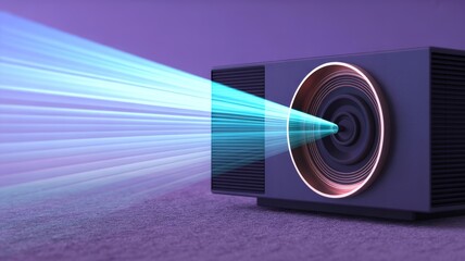 A modern projector emits vibrant blue light against a purple backdrop, showcasing its sleek design and advanced technology.