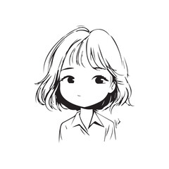 Beautiful Kawaii Girl Black and White Vector Illustration in Cute Simple Line Art Style
