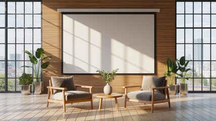 A modern, minimalist interior featuring two chairs, a round table, potted plants, and a large screen against a backdrop of expansive windows.