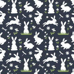 rabbit seamless vector pattern with white silhouettes flowers grass dragonflies