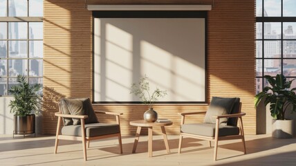 A modern, cozy interior with two chairs, a table, and a projection screen, illuminated by sunlight streaming through large windows.