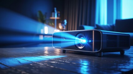 A sleek projector emits a bright blue beam in a modern, dimly-lit room, highlighting its design against a stylish backdrop.