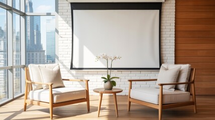 A modern living space featuring two comfortable chairs, a round table, and a potted orchid, with large windows showcasing a city view.