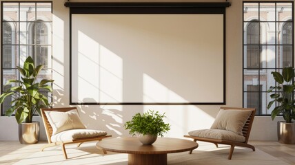 A cozy, modern interior featuring a large projection screen, comfortable chairs, and lush plants, illuminated by natural light.