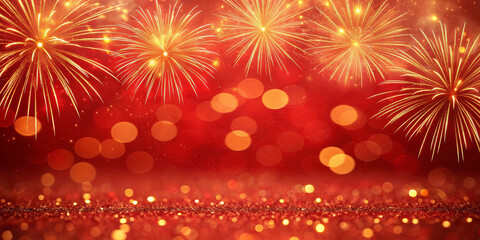Firework spark celebration festive red gold glitter bokeh sparkle night light explode over shimmering surface, joyful mood, holiday vibe, bright burst, party energy, seasonal cheer