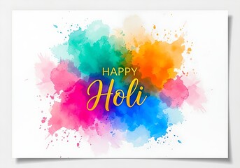 Vibrant Holi festival celebration with colorful powder splashes and joyful 'Happy Holi' greeting