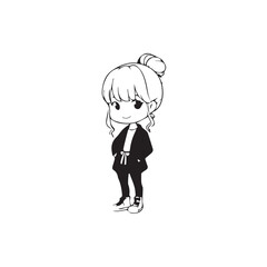 Beautiful Kawaii Girl Black and White Vector Illustration in Cute Simple Line Art Style