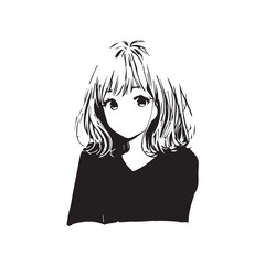 Beautiful Kawaii Girl Black and White Vector Illustration in Cute Simple Line Art Style