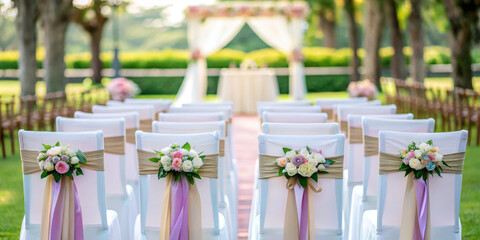 Elegant wedding chairs ribbon decor floral arrangement outdoor ceremony garden aisle white fabric pastel color romantic mood summer light event setup grace scene with tender charm