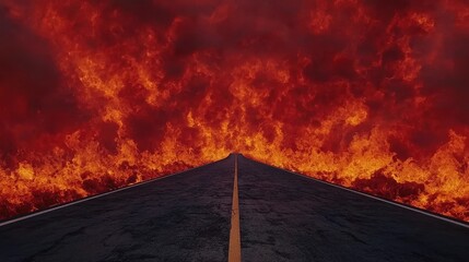 Empty asphalt road leading into infernal fiery clouds and flames Inferno