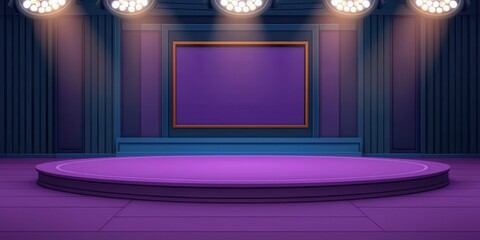 Empty stage with purple circular platform large purple screen and bright spotlights above