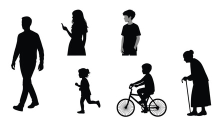 Fototapeta premium Collection of diverse human silhouettes: multi-generational group of adults, children, and seniors in various activities