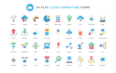 Server connection for download and upload of data files, update backup and software version, online security and signal efficiency. Cloud computing trendy flat icons set vector illustration