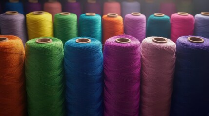 A vibrant array of colorful thread spools lined up in rows showcasing a spectrum of hues